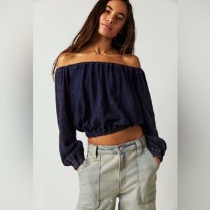 Free People - Parafit Navy Bubble Boho Off The Shoulder Lightweight Top Size xs